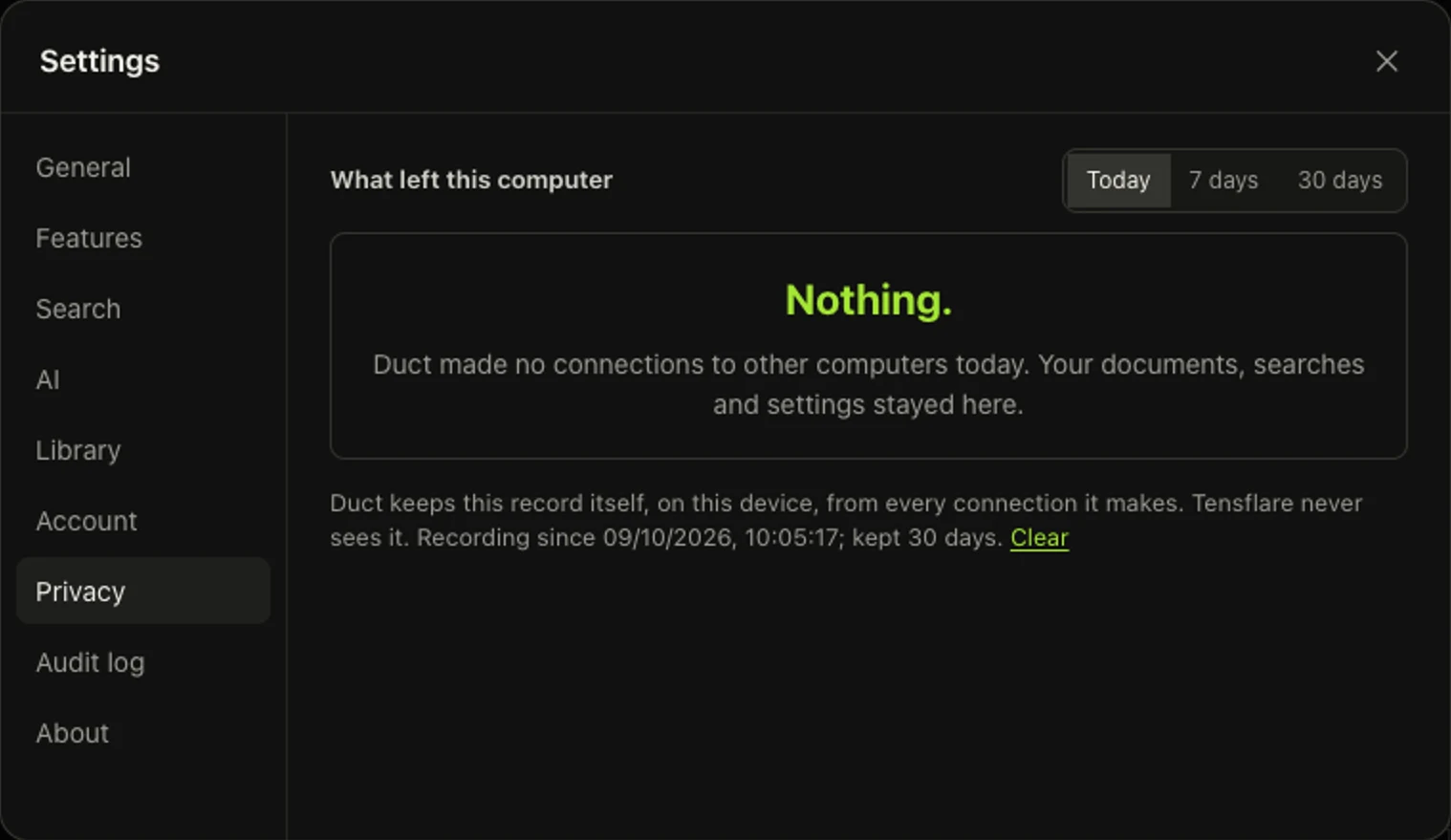 The ledger saying "Nothing." Duct made no connections to other computers today