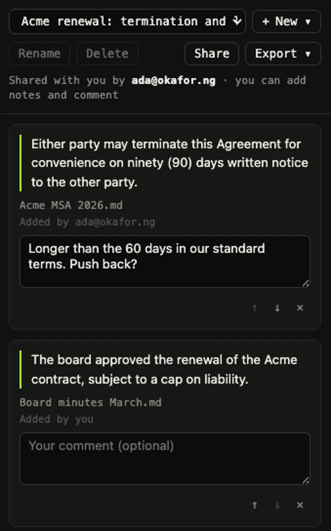 Chidi's view of Ada's shared notebook: the quotes from the Acme contract and the board minutes, with who added each, and no quote from the salary review