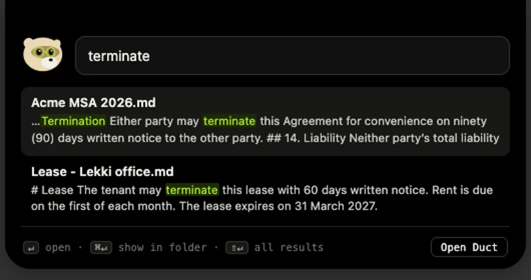 Quick search open over the desktop, showing two contracts that mention "terminate"