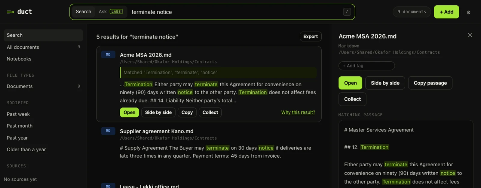Search results for "terminate notice": five contracts, each with its folder, the passage, and the words that matched